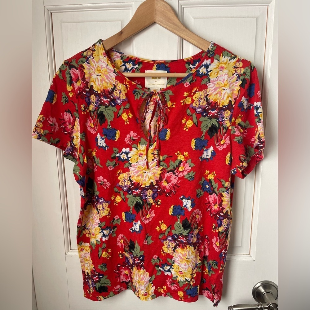 Maeve Anthropologie Red Floral Short Sleeve Top L